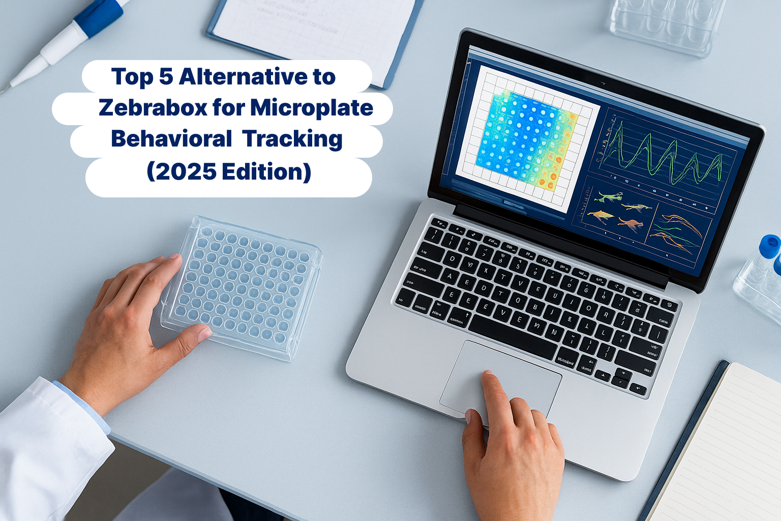 Scientist analyzing high-throughput zebrafish tracking data on a microplate system