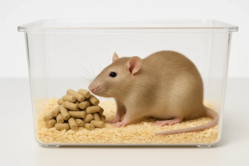 Rodent exploring food pellets in a lab enclosure