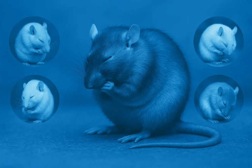 Rodent grooming its face inside a clear lab cage on wood shavings