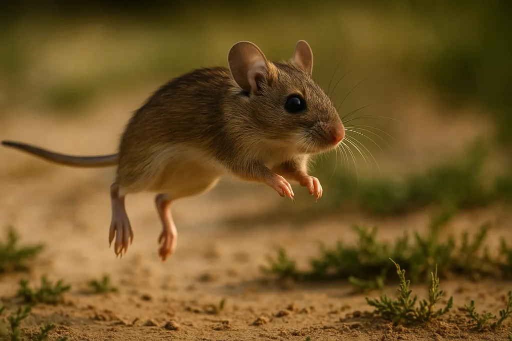 Mouse caught mid-jump in a lab setting, illustrating rodent jumping behavior.