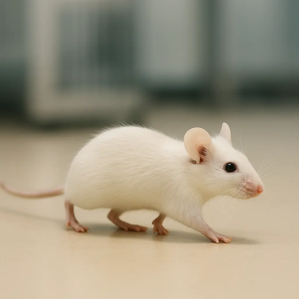Laboratory rat standing upright in an open field, showing unsupported rearing used in behavioral neuroscience.