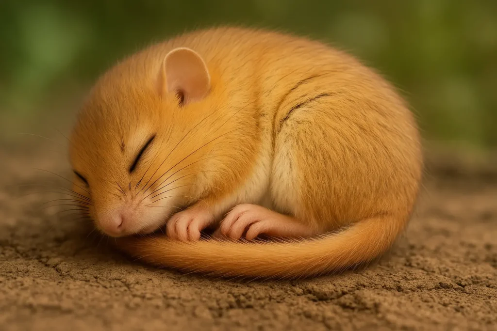 A curled-up golden dormouse peacefully resting on earthy ground, symbolizing rodent stillness and behavioral study.