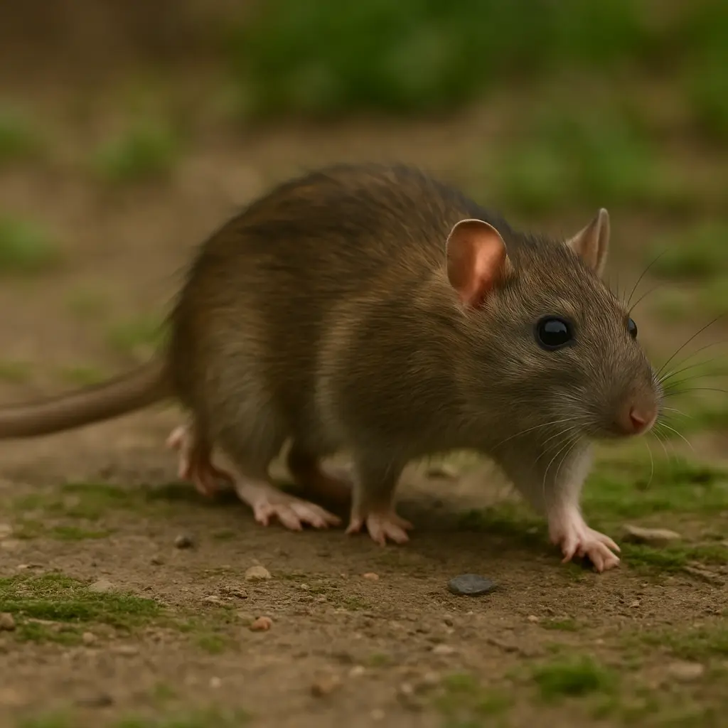 A laboratory mouse walking across a well-lit floor, used to study rodent walking behavior in neuroscience.