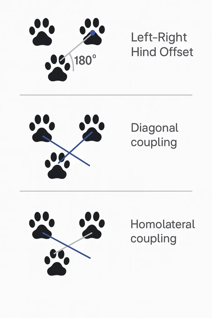 Diagram illustrating interlimb coordination during gait analysis with three examples: left–right hind offset (180°), diagonal coupling, and homolateral coupling, represented with paw prints and directional lines.