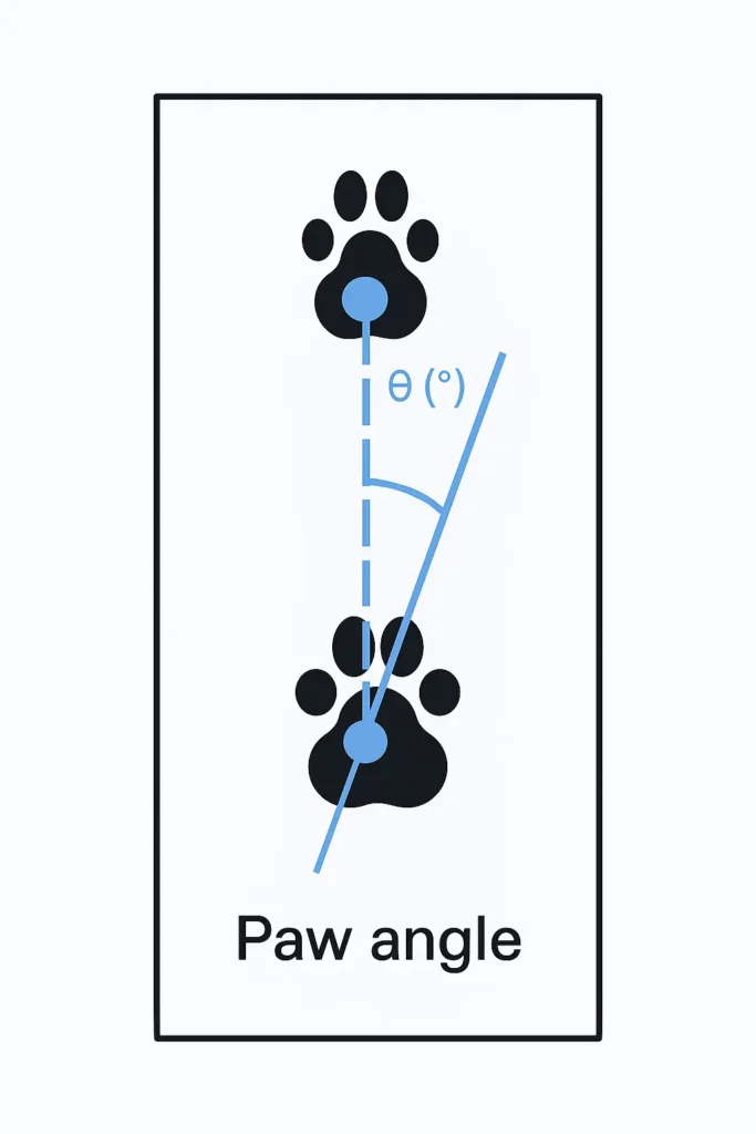 Diagram illustrating paw angle measurement in gait analysis of a mouse, showing two paw prints with a central axis and an angle θ (theta) between the actual and expected paw trajectory.