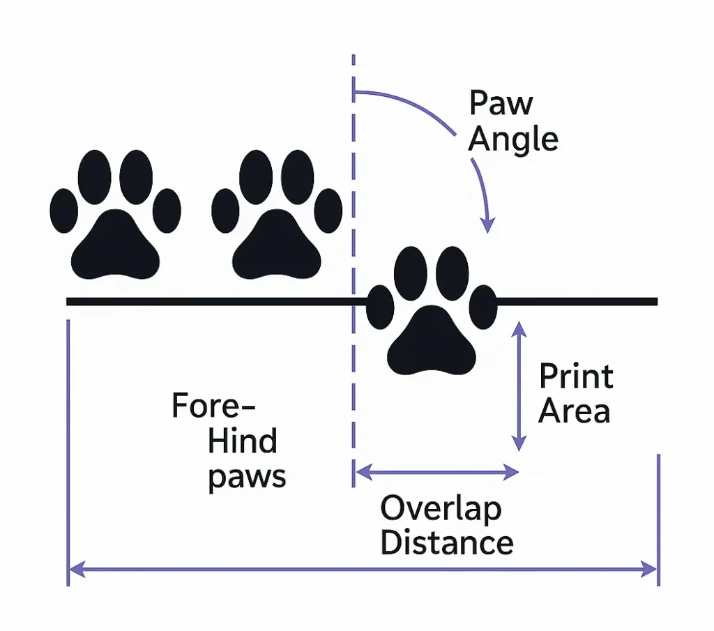Diagram showing mouse paw placement metrics for gait analysis, including fore–hind paw distance, overlap distance, print area, and paw angle.