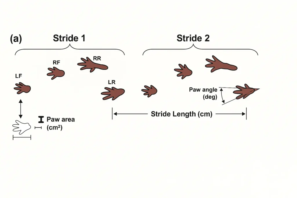 Diagram showing two strides in gait analysis of a mouse, including paw positions (LF, RF, RR, LR), stride length, paw angle in degrees, and paw area in cm²