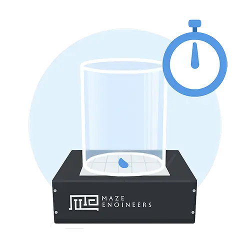 Shallow behavioral chamber with stopwatch icon, illustrating latency to first safe zone contact in behavioral tracking experiments.