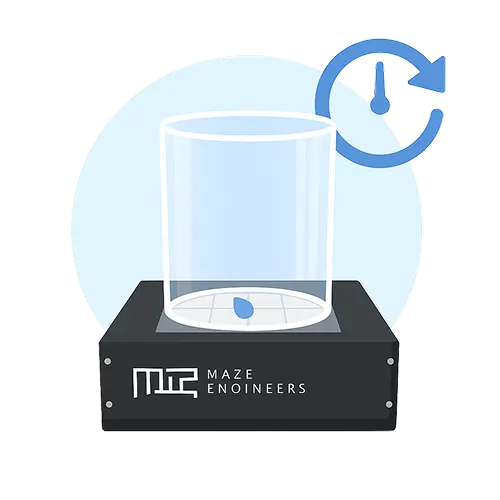 Shallow behavioral chamber with a clock icon overlay, representing time spent and distance traveled tracking in behavioral experiments.