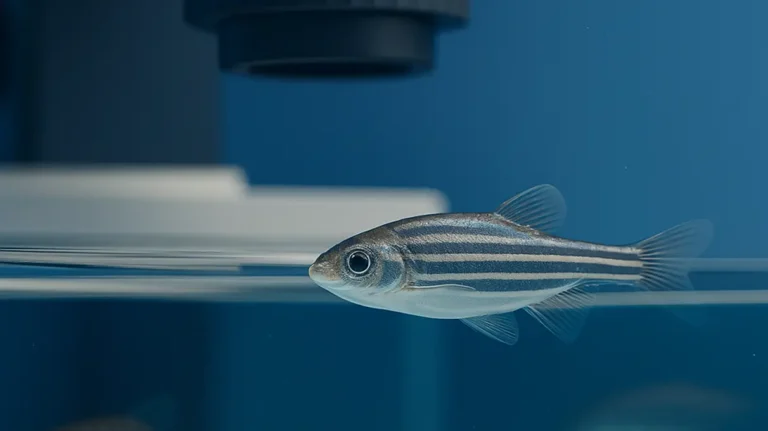 A zebrafish swimming toward a lit chamber in a multi-choice maze, representing accuracy and decision-making in a cognitive behavioral task.