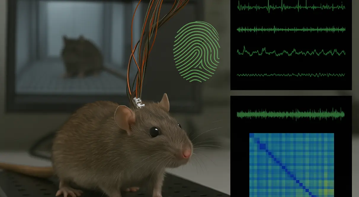 A laboratory rat with electrode implants beside neural signal graphs and a fingerprint icon, representing behavioral fingerprint motifs.
