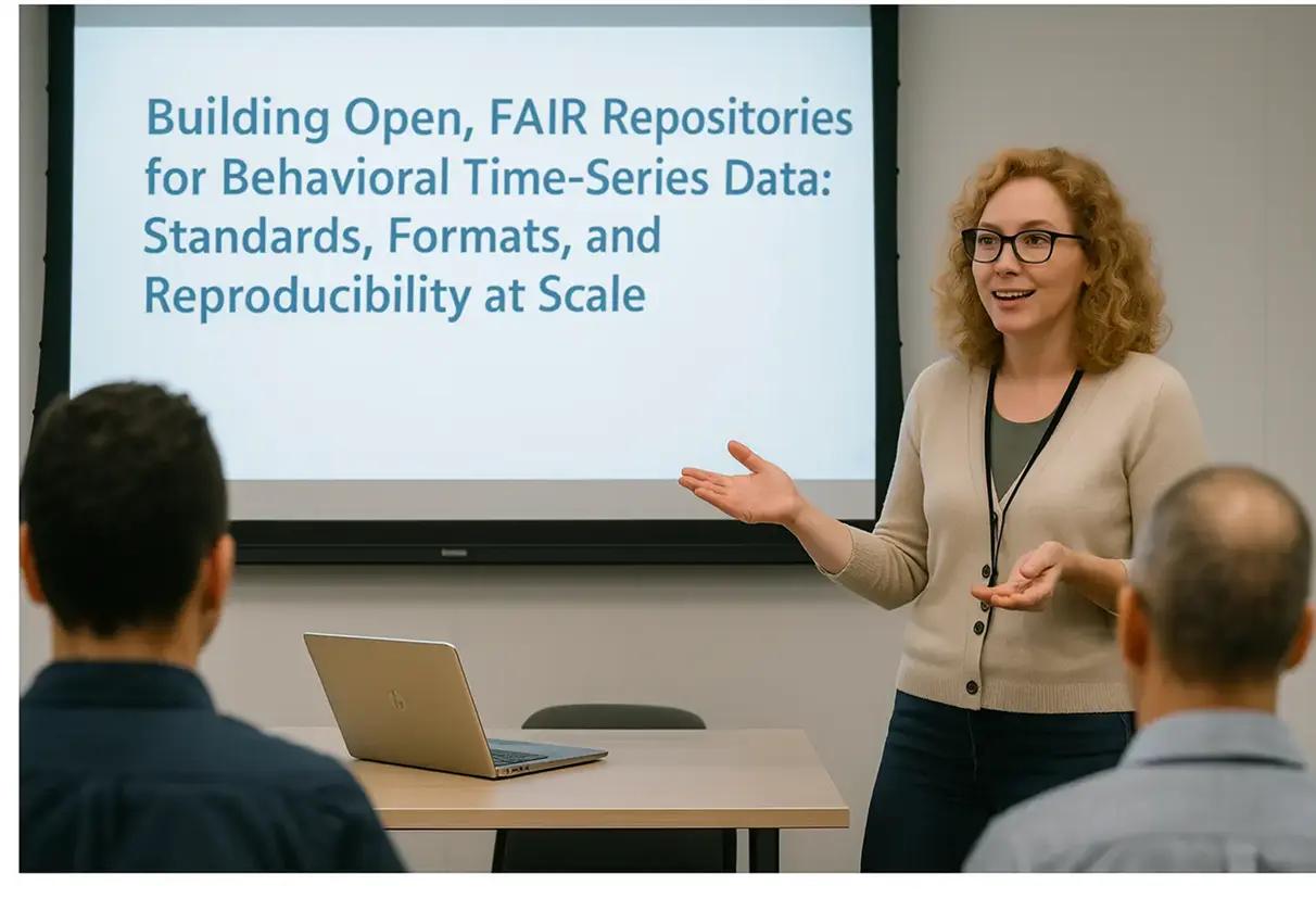 Researcher presenting FAIR data repository standards for behavioral neuroscience
