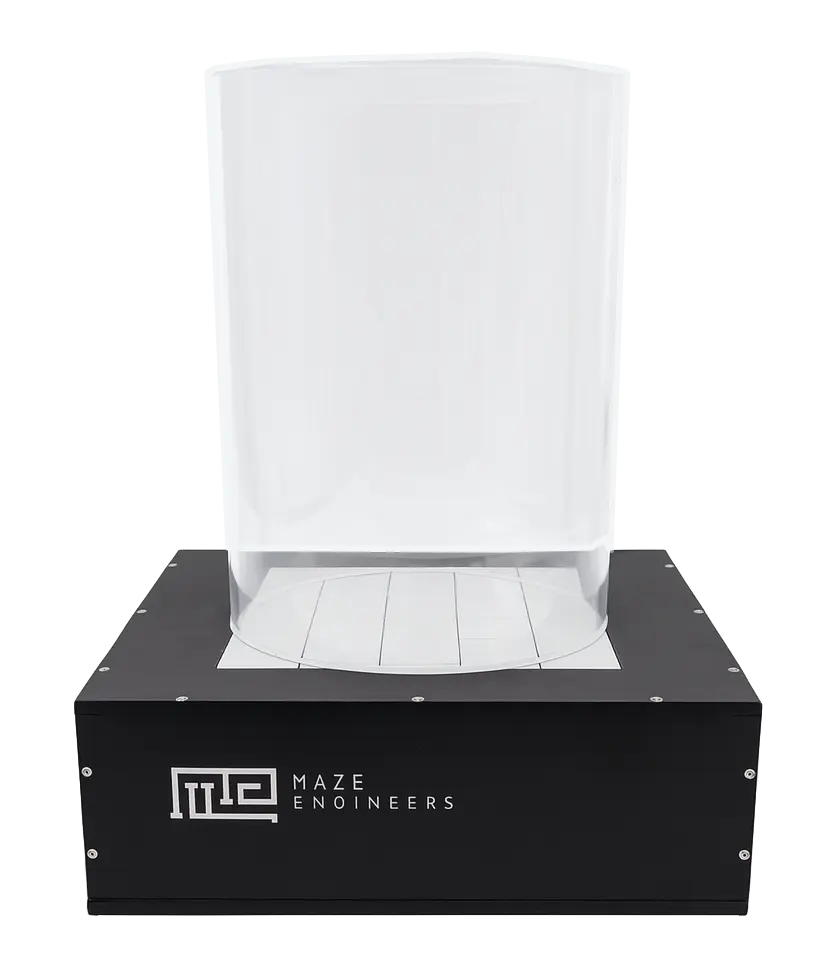 Maze Engineers heat maze apparatus with transparent cylindrical chamber and black base, used for studying thermotactic behavior in small animals.