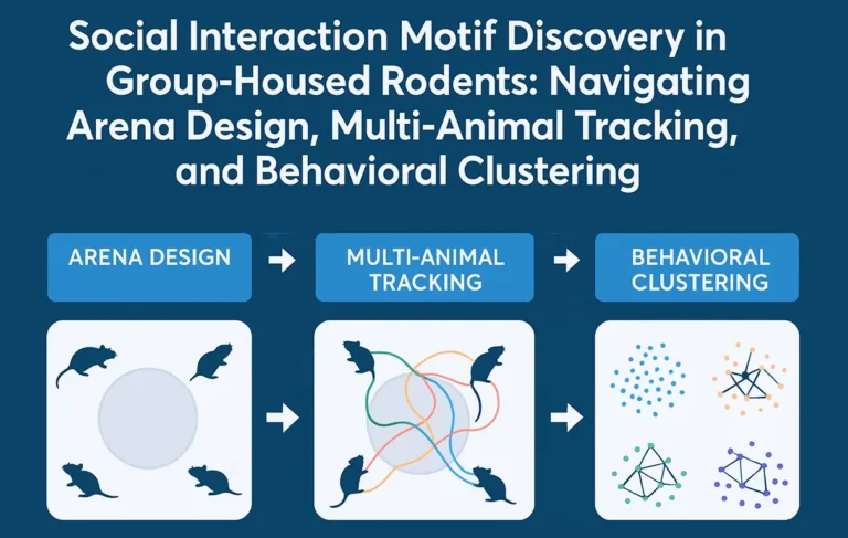 Multiple rodents interacting in a lab arena with overlaid pose tracking lines, representing social behavior motif analysis.