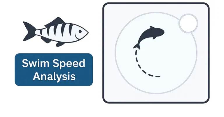 Illustration showing zebrafish swim speed analysis in a Visual Water Maze cognitive task setup.