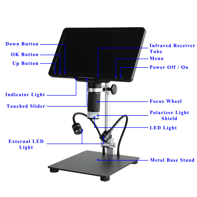 1600X 10.1inch 178° IPS Screen Sony CMOS Handheld Digital Microscope with External LED Light Source