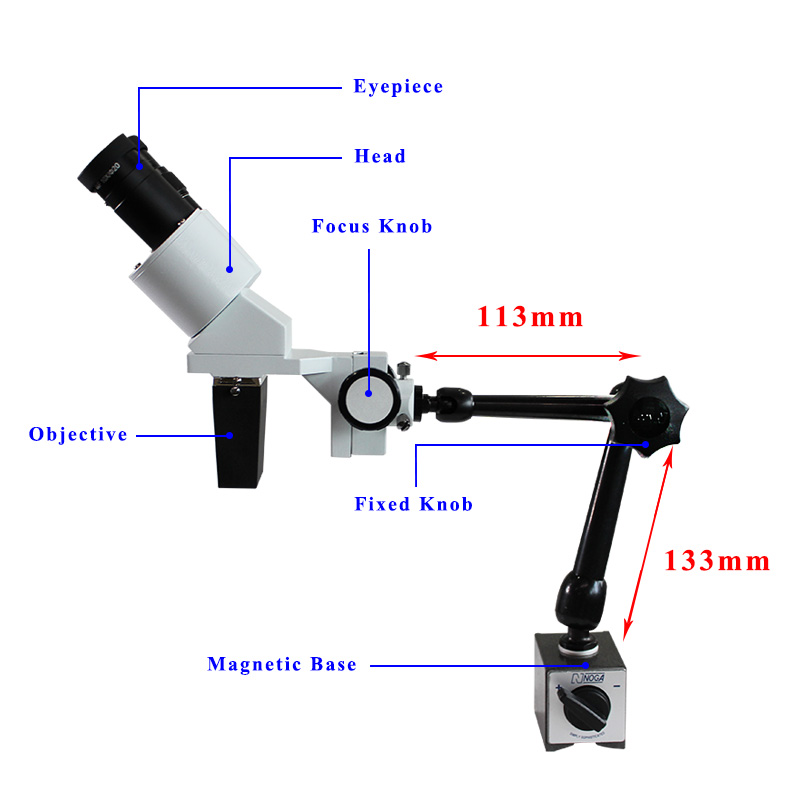 40X Binocular Industrial Stereo Microscope with Adjustable Magnetic Base & Flexible Arm