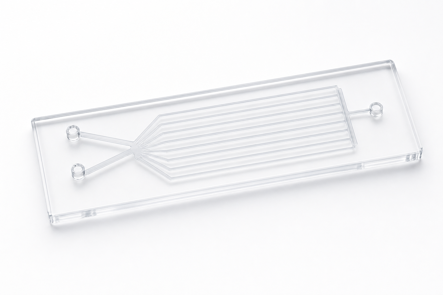 8-Channel Drug Screening Microfluidic Chip realistic hero render showing transparent PDMS chip and verified microchannel layout