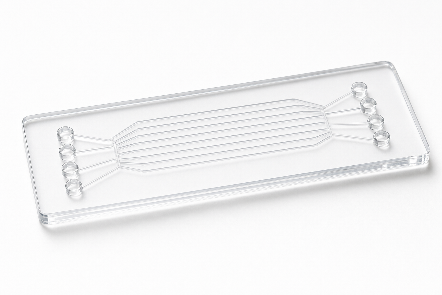 8-Port PDMS Drug Screening Chip realistic render showing eight ports and eight parallel microchannels