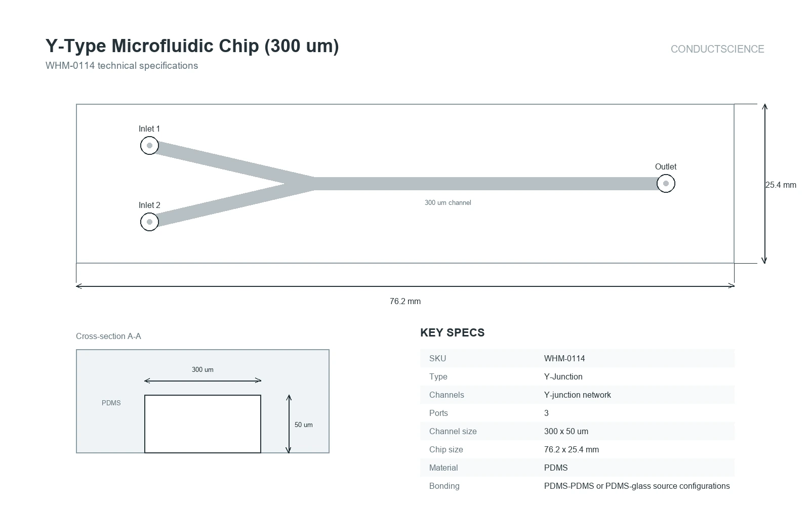 Y-Type Microfluidic Chip (300 um) technical specifications diagram
