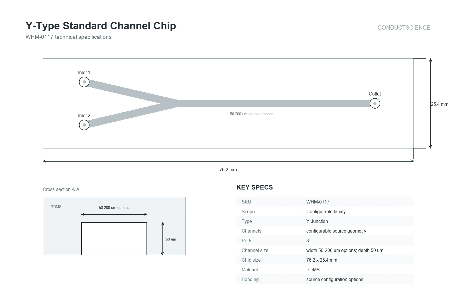 Y-Type Standard Channel Chip technical specifications showing source-backed configurable geometry and key specs
