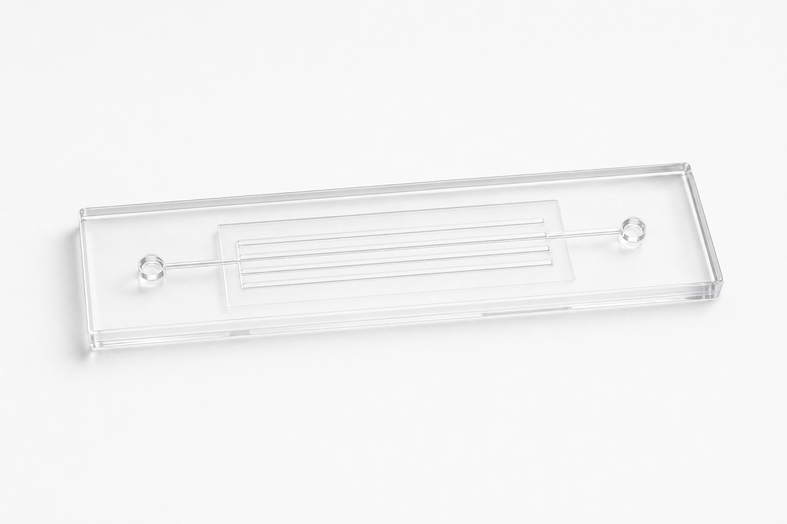 4-Channel Parallel Microfluidic Chip realistic hero render showing transparent PDMS chip and verified microchannel layout