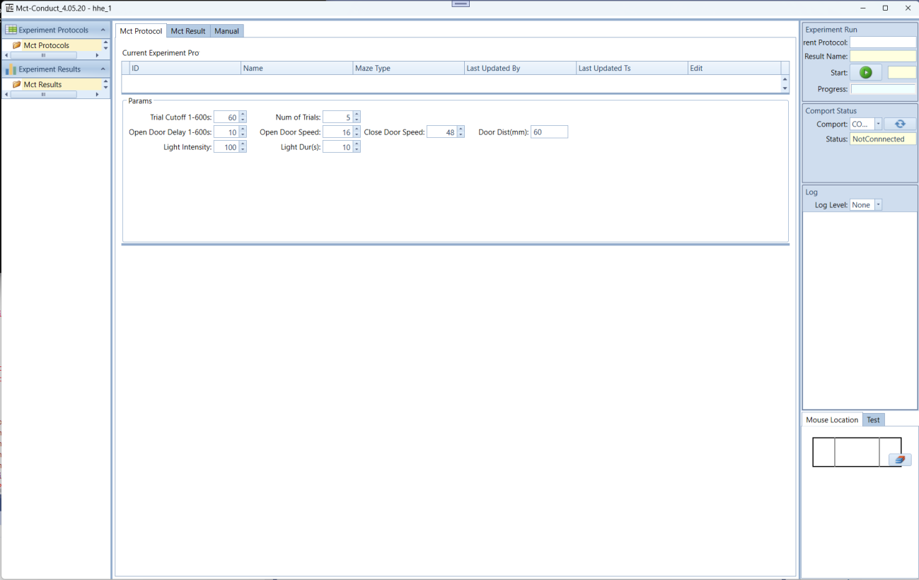 Conduct MCT software protocol setup — trial cutoff, trial count, door timing, and light intensity