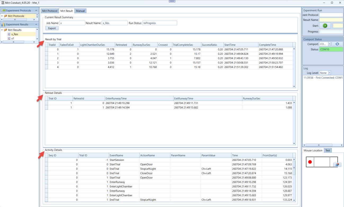 Conduct MCT software results — per-trial escape latency, retreat episodes, and activity log