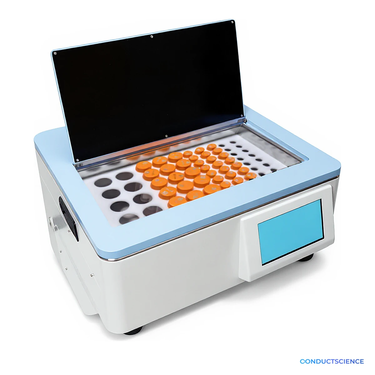 10 L decalcification system with the lid open, showing sample tubes in the adapter plate