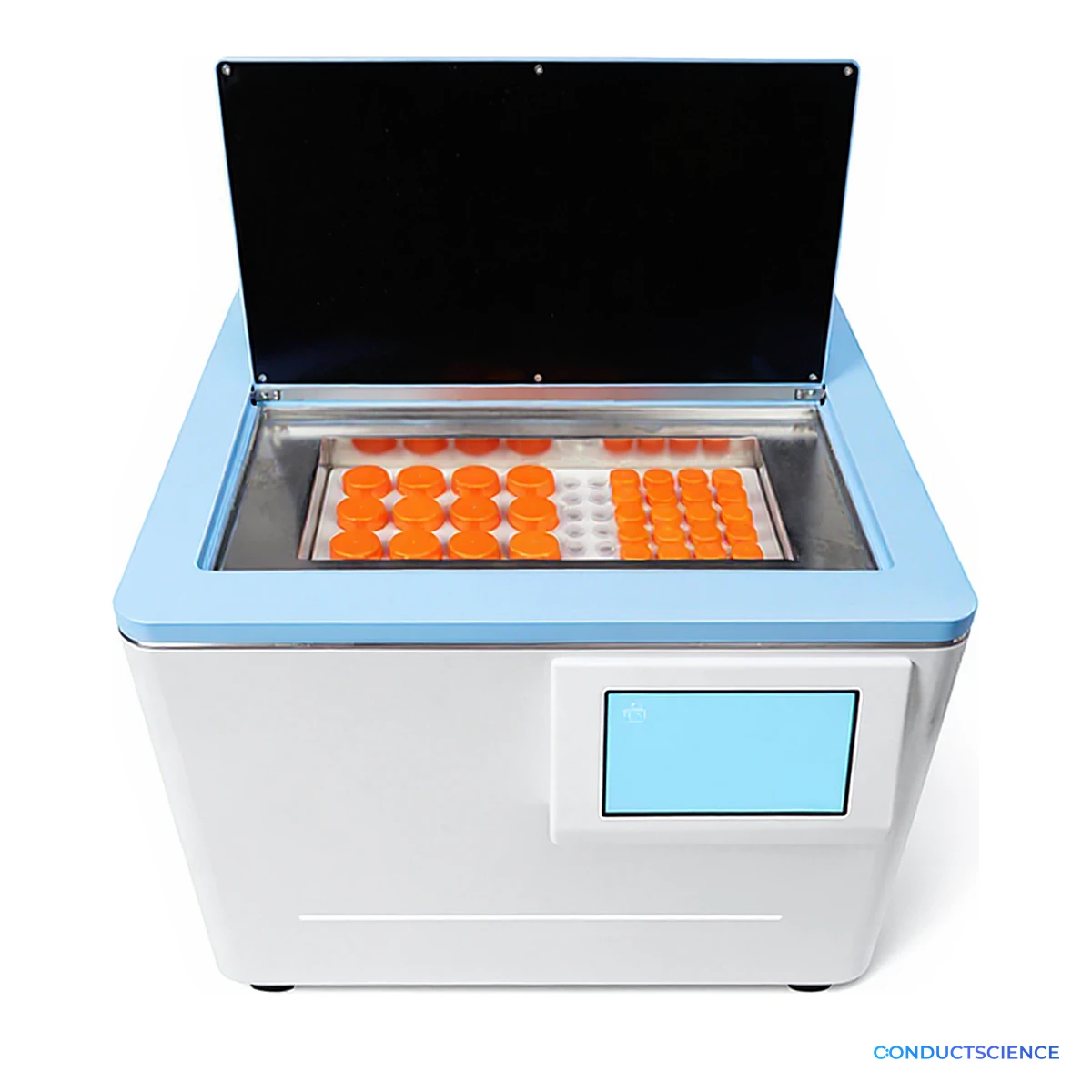 5 L decalcification system with the lid open, showing sample tubes in the adapter plate
