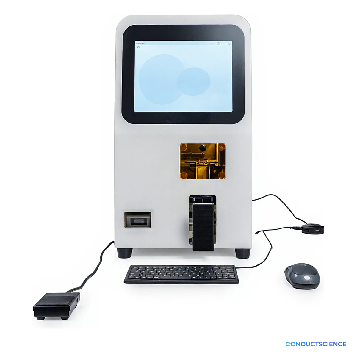 Front view of the UV laser slide marking system with touchscreen and output magazine