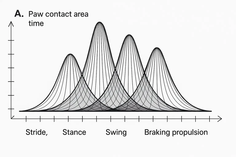 Graph showing changes in paw contact area over time during gait analysis, illustrating stride, stance, swing, braking, and propulsion phases with overlapping bell curves.