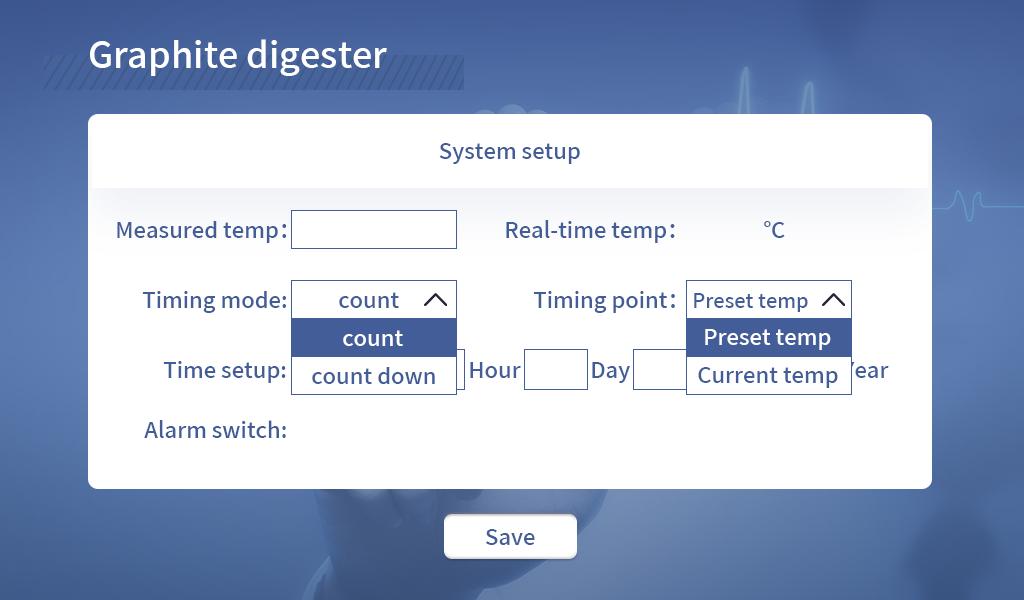 System setup showing temperature calibration, timing mode, and alarm settings